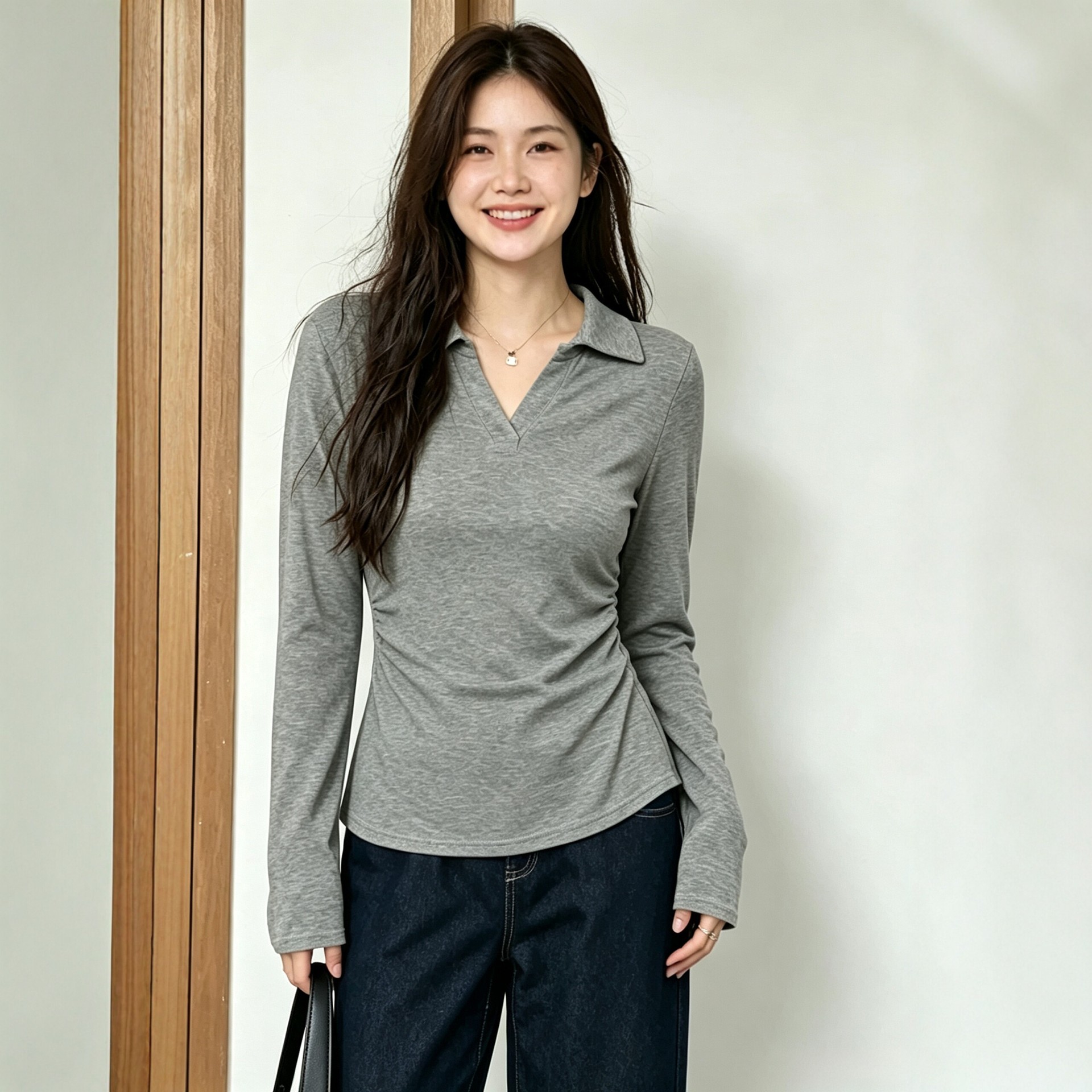 大码女装胖妹妹漂亮上衣polo领正肩巨显瘦秋季长袖针织衫3761