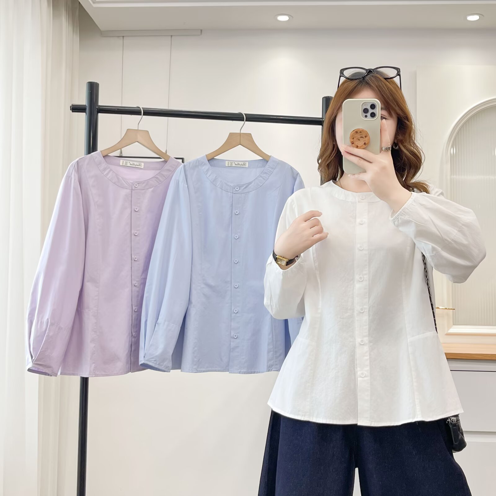 休闲风通勤款圆领单排扣长袖衬衫女宽松显瘦大码文艺小衫上衣2618