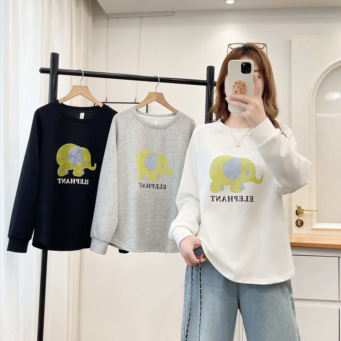 大码胖妹妹显瘦遮肚子减龄卫衣女秋季200斤小象印花休闲上衣2632