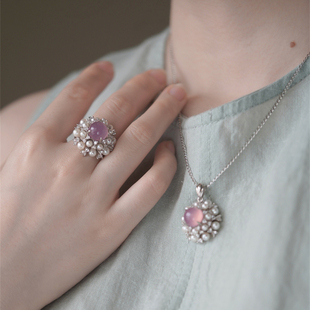 喻棠italks|窗外烟花|925银镀金天然紫玉髓淡水珍珠项链戒指套装