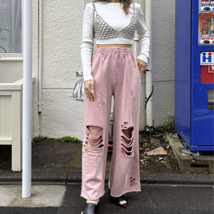 日单外贸原单女士全棉长裤 休闲宽松破洞裤