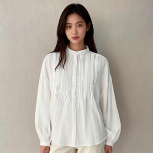 日单外贸原单2025春夏棉麻风琴褶皱提花衬衫 上衣 立领简约纯色长袖