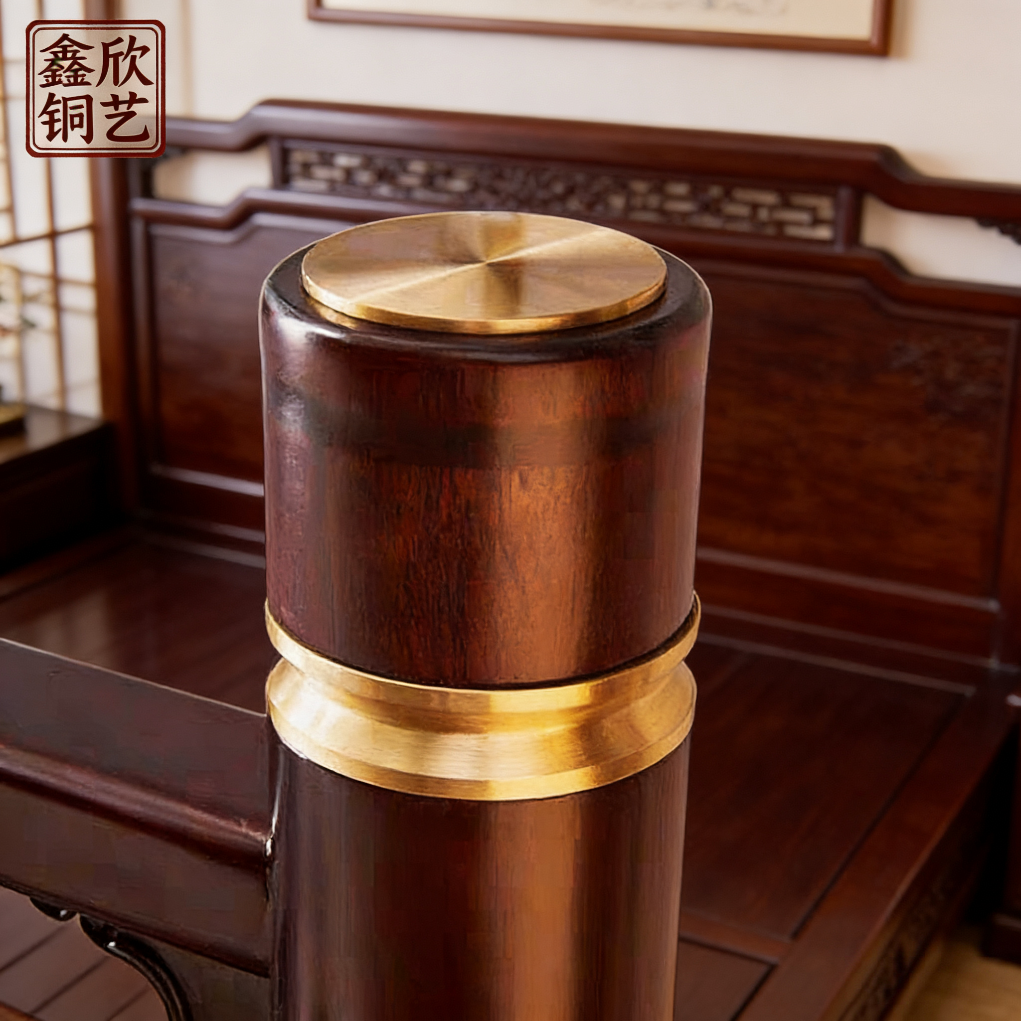 阅梨苏式新中式紫铜大床铜配件纯铜家具装饰脚套拉手红木家具黄铜