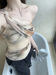 美式网纱印花斜肩吊带背心女夏季新款修身短款露脐性感甜辣妹上衣