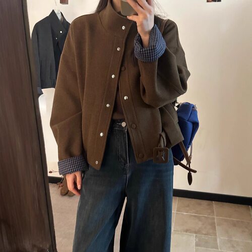 灰色复古立领短款毛呢外套女2026秋冬格子拼接高级感花苞呢子上衣