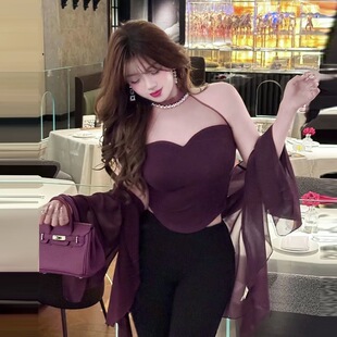 法式 两件套装 复古气质黑色挂脖上衣夏季 罩衫 外搭披肩 薄款 2026新款