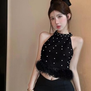 小香风镶钻毛毛边吊带女夏季新款独特别致挂脖背心设计感短款上衣
