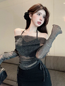 罩衫 辣妹性感一字肩挂脖连衣裙女夏生日派对绑带露背 闪闪2025新款