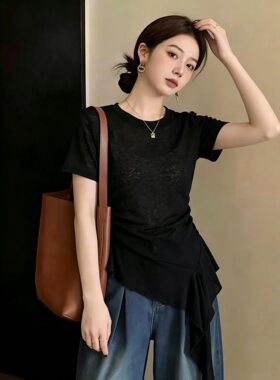 2026夏新款爆款欧货亮闪短袖T恤大码女装胖mm宽松遮肚上衣流苏