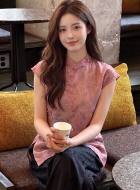 2026新新中式国风短袖女夏斜襟盘扣旗袍衬衫百搭上衣年轻款仿缎面