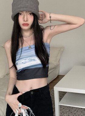 短款性感甜辣妹抹胸女夏季外穿chic上衣报纸小背心设计感小众弹力