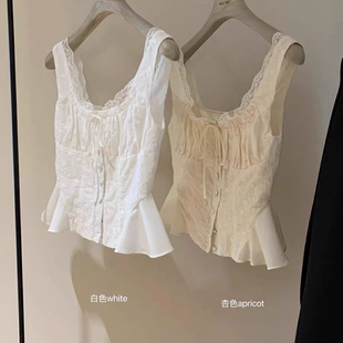 蕾丝收腰显瘦花边纯欲风无袖系带背心女夏季修身显瘦绝美短款小衫