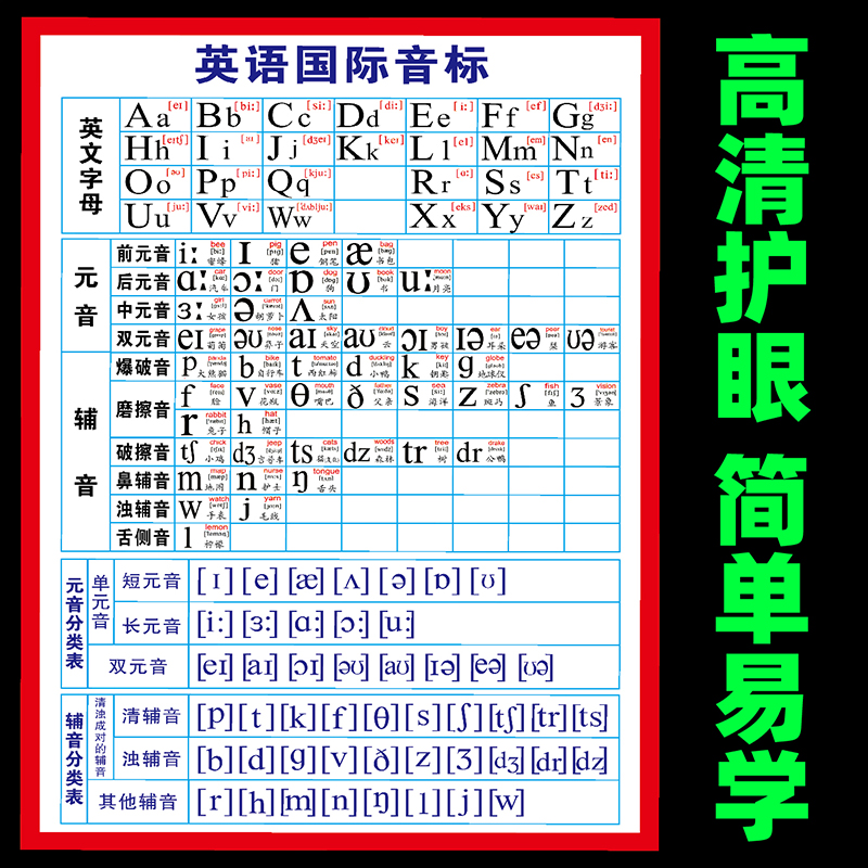 墙英语挂图学习字母表贴画国际音标背胶表英语英语基础小学生防水