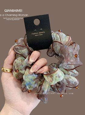 森系晕染印花网纱大肠发圈韩系优雅发绳水晶吊坠头饰春季时尚头绳