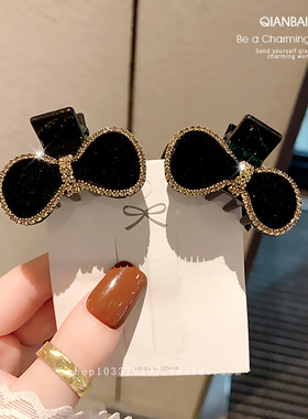 黑色高端闪钻蝴蝶结小号发夹韩国复古气质抓夹刘海侧边夹公主头饰