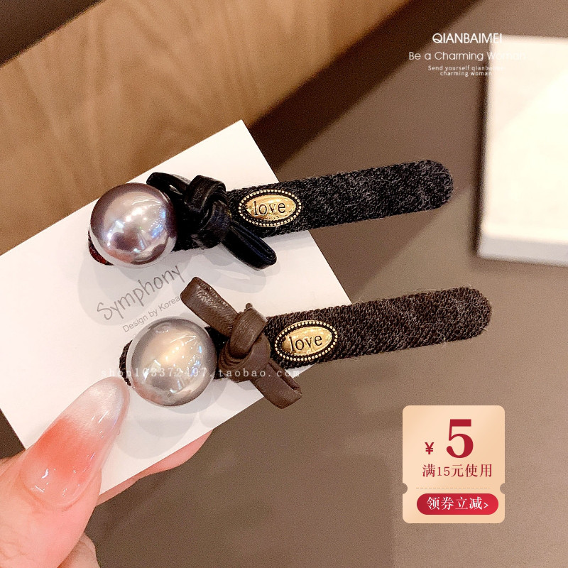 珍珠发夹皮质蝴蝶结毛线一字夹