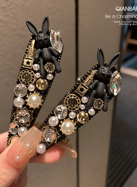 韩版重工满钻兔子发夹小香风复古刘海bb夹轻奢高级感一字夹侧边夹