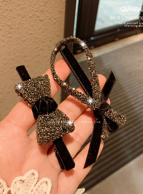 轻奢碎钻灰色蝴蝶结满钻发夹一字夹气质刘海夹侧边夹高级感发卡夹