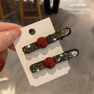 韩国东大门水钻红圆珠一字夹精致发夹子头饰少女优雅侧边夹刘海夹