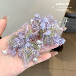 甜美毛绒紫色花朵蝴蝶侧边夹女生氛围感超仙发夹仙美刘海鸭嘴夹子