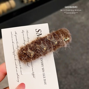 韩国秋冬新款 发夹头饰 毛线bb夹镶钻精致设计感发饰刘海侧边夹女款