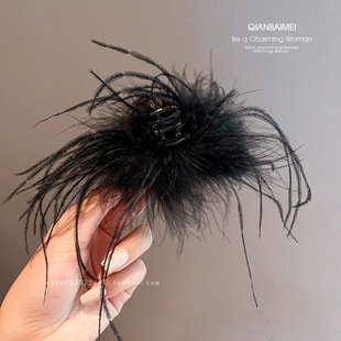 黑色羽毛抓夹半抓发中号发卡鲨鱼夹后脑勺显发量多发饰秋冬发夹女