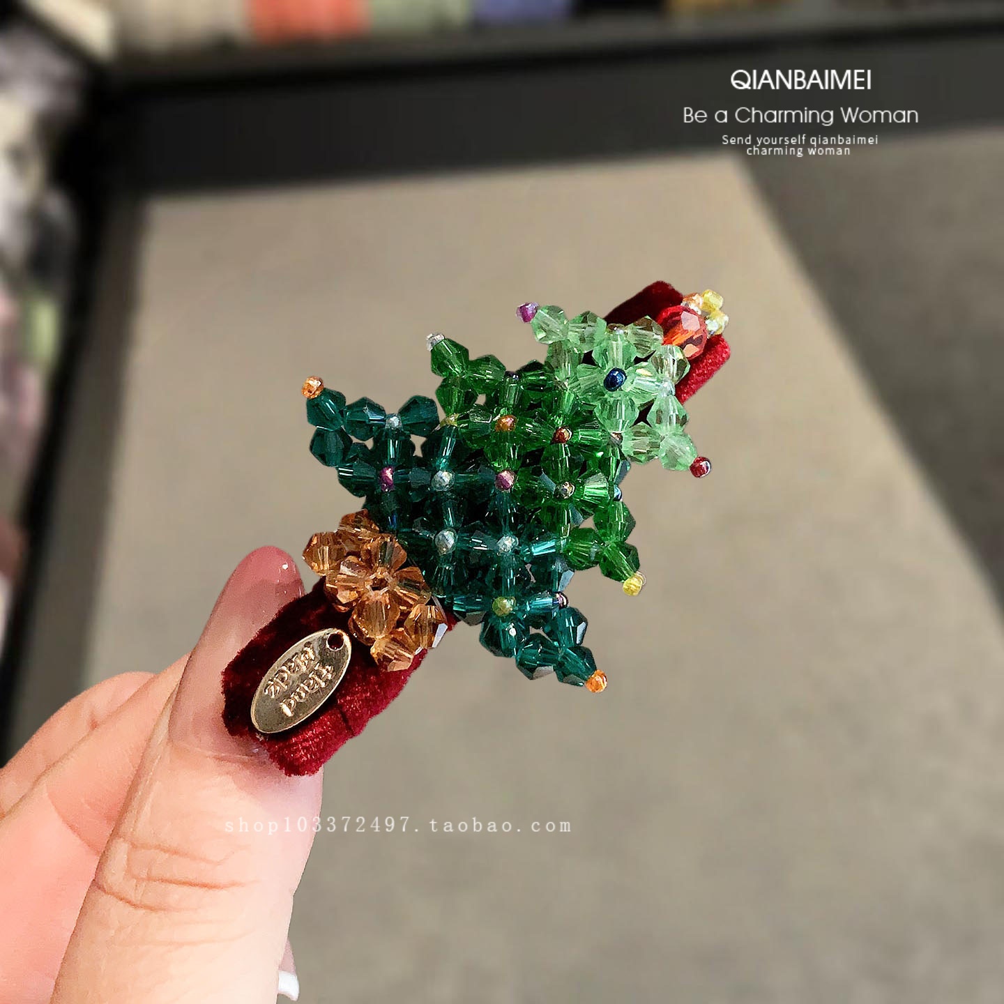 韩系圣诞树水晶串珠边夹发夹女