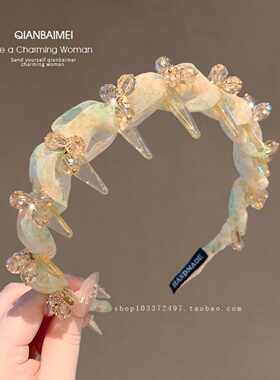 发箍女春夏季新款碎花网纱头箍甜美氛围感高颅顶发捆仙美水晶发卡