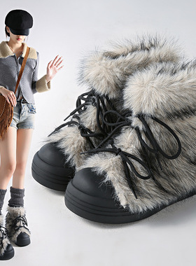 复古百搭毛毛大头靴女2025冬季新款保暖抗寒时髦流行厚底雪地