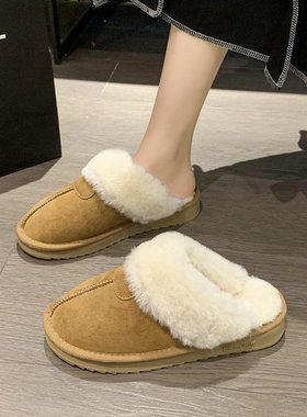 现货毛毛拖鞋女外穿皮毛一体包头雪地靴2025冬季新款一脚蹬棉