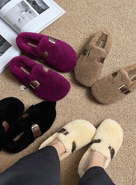 羊羔毛加厚保暖包头增高毛毛拖鞋踩屎感女皮带扣平底懒人鞋一脚蹬