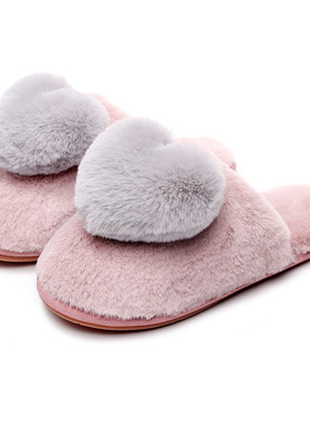 新款可爱爱心毛毛拖鞋wish亚马逊热卖平底居家外穿保暖棉拖鞋