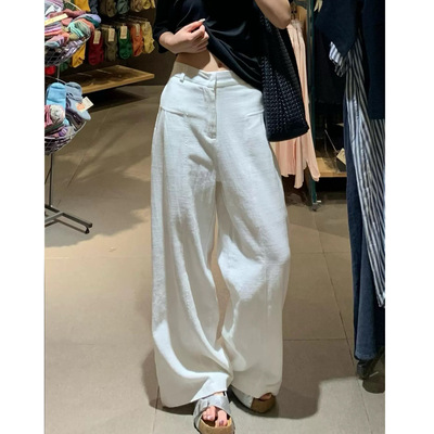 富尔大码定制女装肥妹妹mm白色苎麻阔腿春夏高腰宽松显瘦休闲长裤