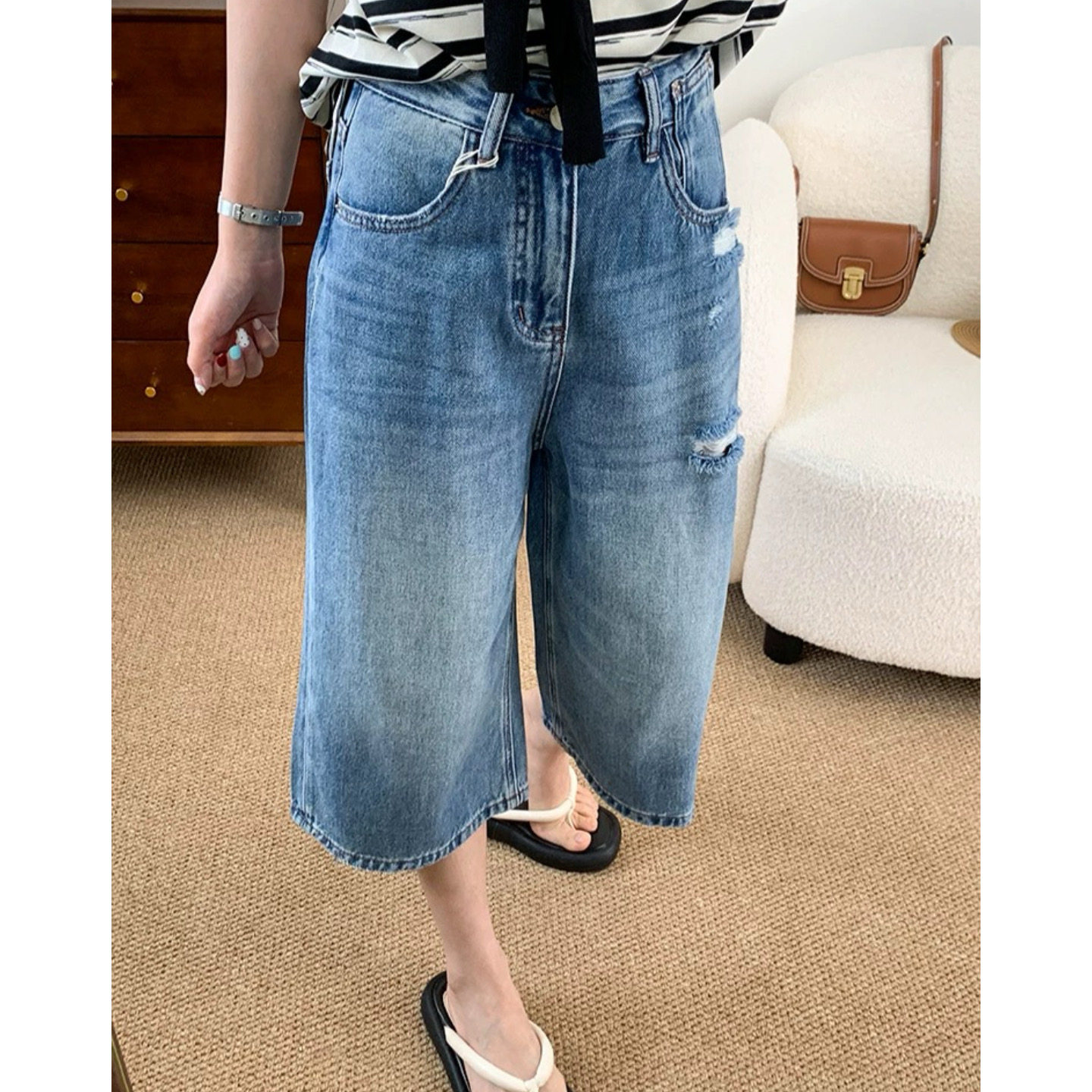 富尔大码定制女装微胖mm破洞牛仔夏高腰宽松显瘦直筒阔腿七分中裤,女装/女士精品,大码裤装,淘宝优惠券,粉丝福利购,淘宝优惠卷