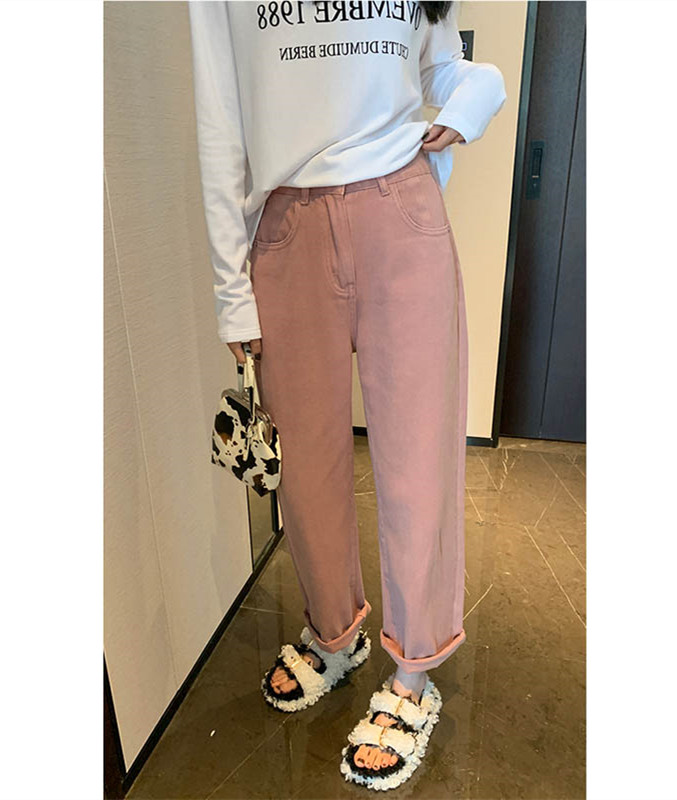 富尔大码定制女装肥妹妹mm粉色直筒牛仔秋季高腰宽松显瘦休闲长裤
