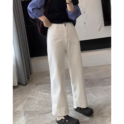 富尔大码定制女装微胖mm白色直筒牛仔秋季高腰宽松显瘦遮挎九分裤