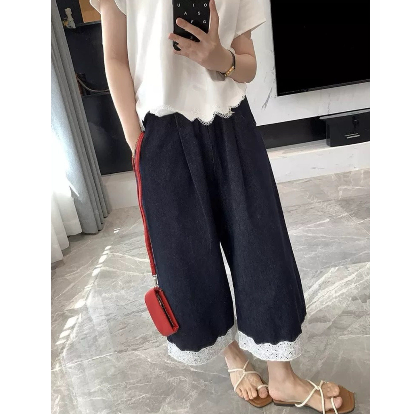 富尔大码定制女装微胖mm蕾丝花边阔腿牛仔春夏高腰宽松显瘦九分裤,女装/女士精品,大码裤装,淘宝优惠券,粉丝福利购,淘宝优惠卷