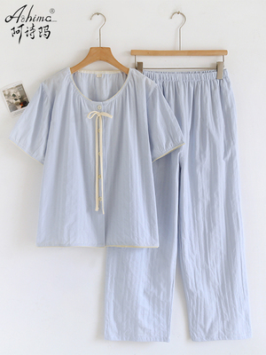 双层纱布睡衣女款2025新款夏季薄款纯棉布料100全棉麻短袖家居服