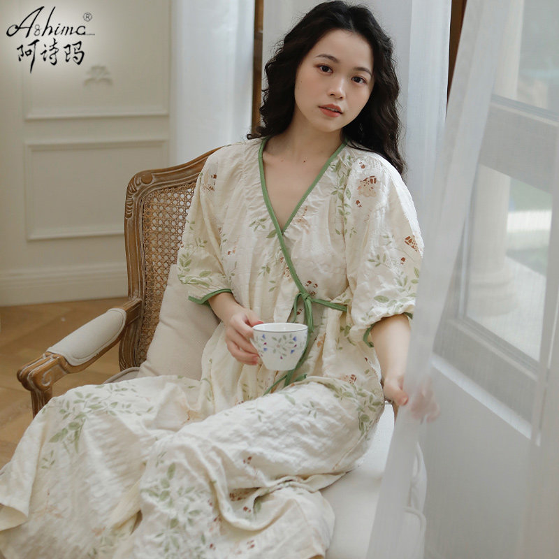 短袖睡袍女夏季薄款新中式国风中长版系带睡裙可外穿洋装子睡衣