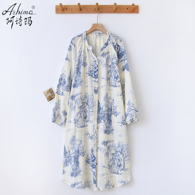 纯棉纱布睡裙女春秋款法式长款复古国风长袖夏季薄款睡衣连衣裙子