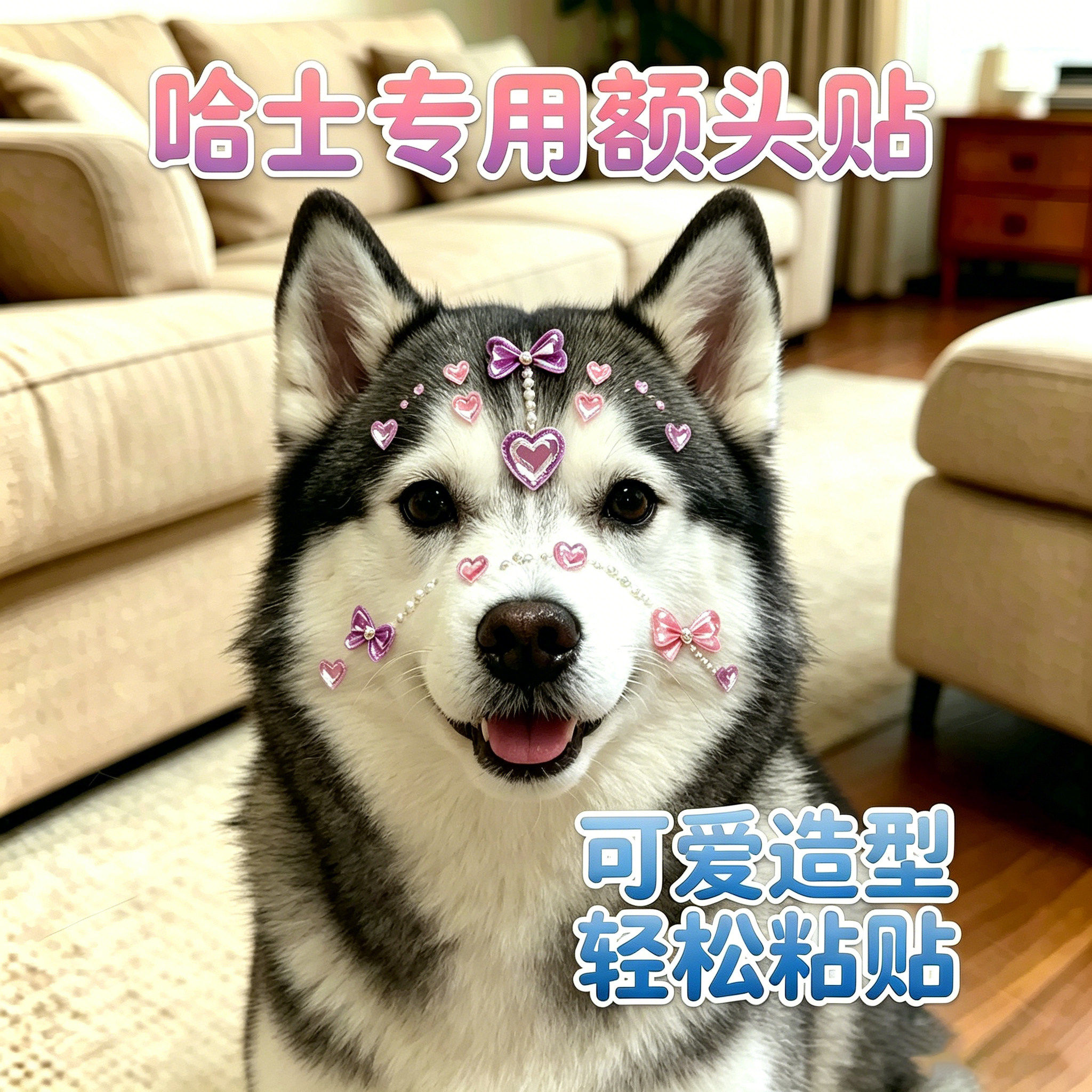 哈士奇专用狗狗额头贴纸头饰发饰小狗配饰宠物水晶贴大狗脸毛饰品