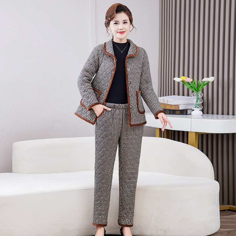 妈妈冬装棉服套装加绒加厚棉衣棉裤两件套女款中老年时尚居家棉袄