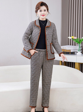 妈妈冬装棉服套装加绒加厚棉衣棉裤两件套女款中老年时尚居家棉袄