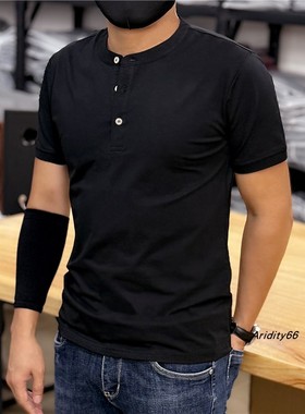 亨利领短袖T恤男夏季新款休闲百搭纯色简约半袖美式复古上衣体恤