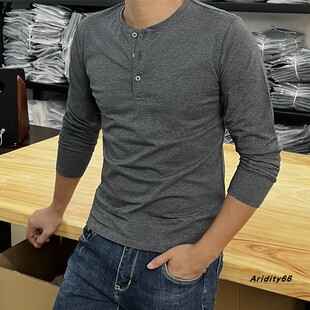 新款 t恤热卖 修身 开襟美式 男士 复古简约风百搭亨利上衣打底衫 长袖