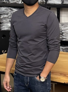 长袖V领T恤男纯棉修身百搭纯色打底衫潮流休闲上衣春秋2025上新