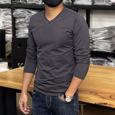 长袖V领T恤男纯棉修身百搭