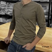 硬汉纯棉亨利领长筒纽扣免烫修身 常规纯色t恤痞帅显肌肉修身 上衣