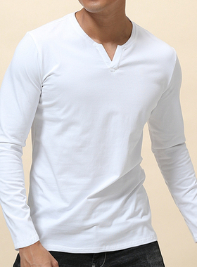 男长袖V门筒硬汉美式休闲纯色纯棉舒适修身弹性打底衫上衣T恤复古