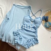 罩衫 高腰纯色度假泳装 连体泳衣女蓝色少女露背性感无袖 2025新款